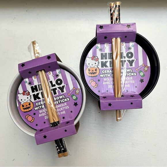 Sanrio Hello Kitty 20oz Halloween Ceramic Bowls with Chopsticks (set of 2) NEW - Picture 5 of 6